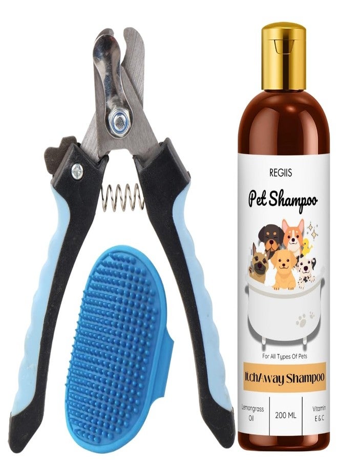 مجموعة ريجيس لشامبو الحيوانات الأليفة والعناية بها، تركيبة مضادة للحكة مع زيت عشبة الليمون، زجاجة شامبو سعة 200 مل، فرشاة تدليك زرقاء، مقص أظافر احترافي (عبوة من 3 قطع) - Image 1